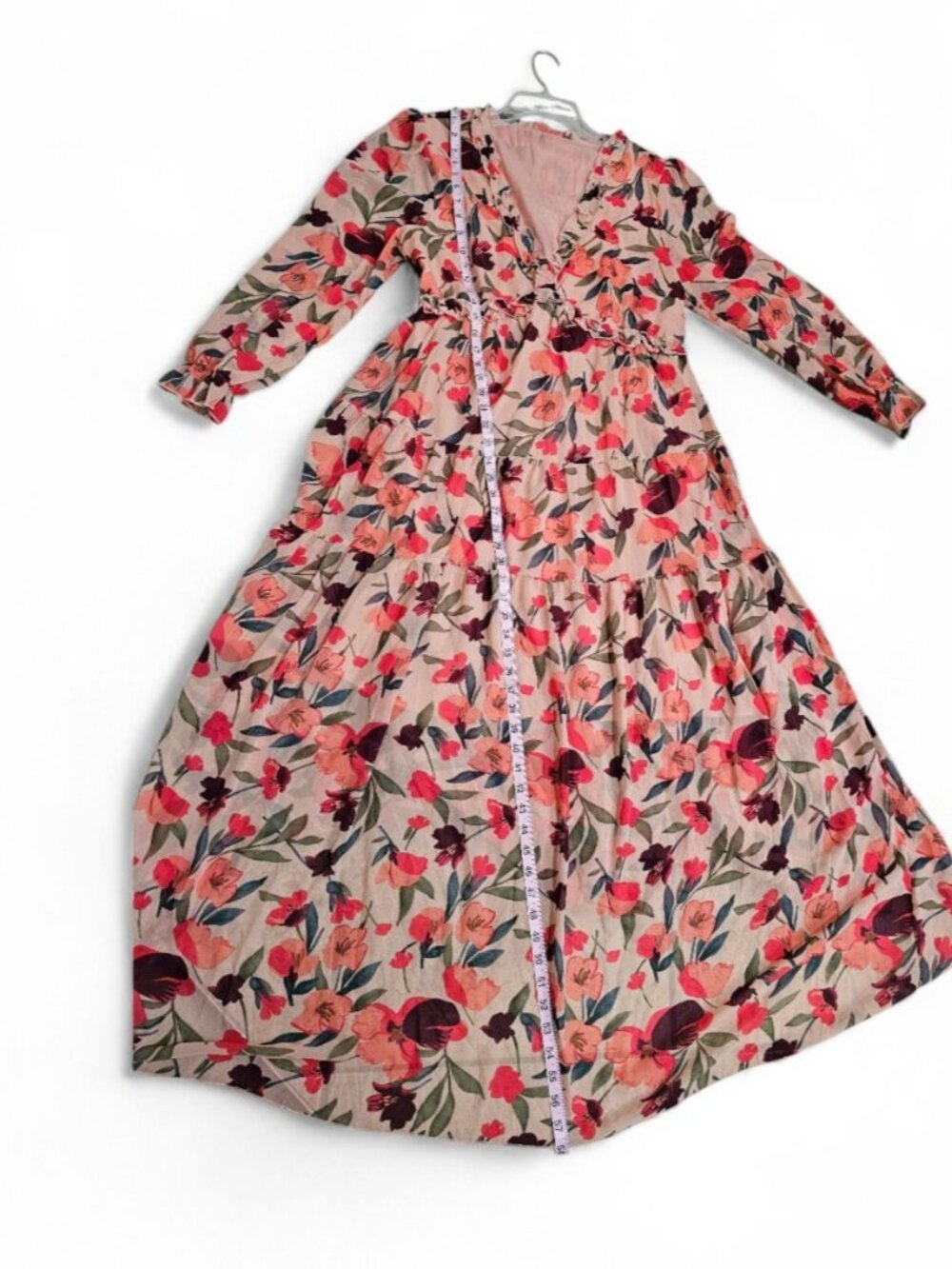 Boutique Womens L Maxi Dress Pink Chiffon Floral Tiered Gown Iconic Cottagecore - Picture 5 of 5